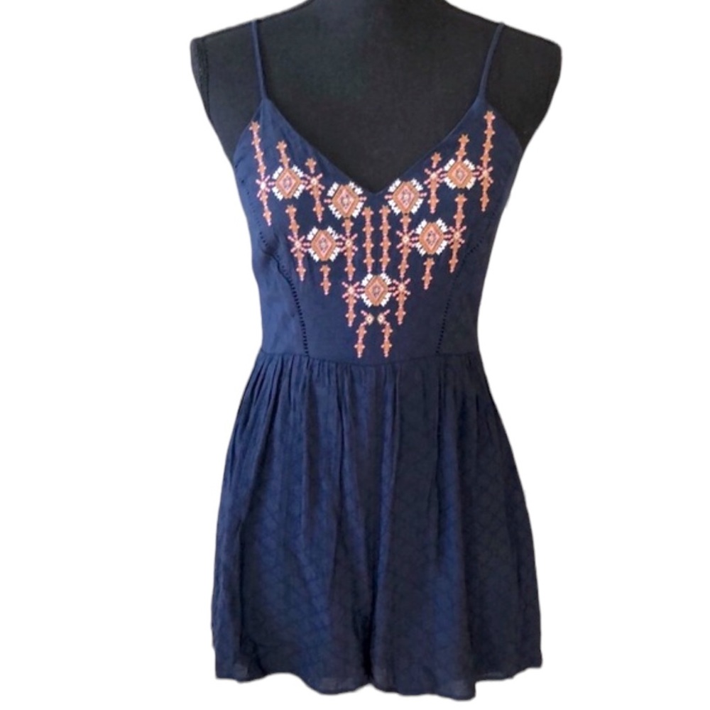 REWIND SHORTS ROMPER EMBROIDERED FRONT NAVY BLUE SIZE MEDIUM